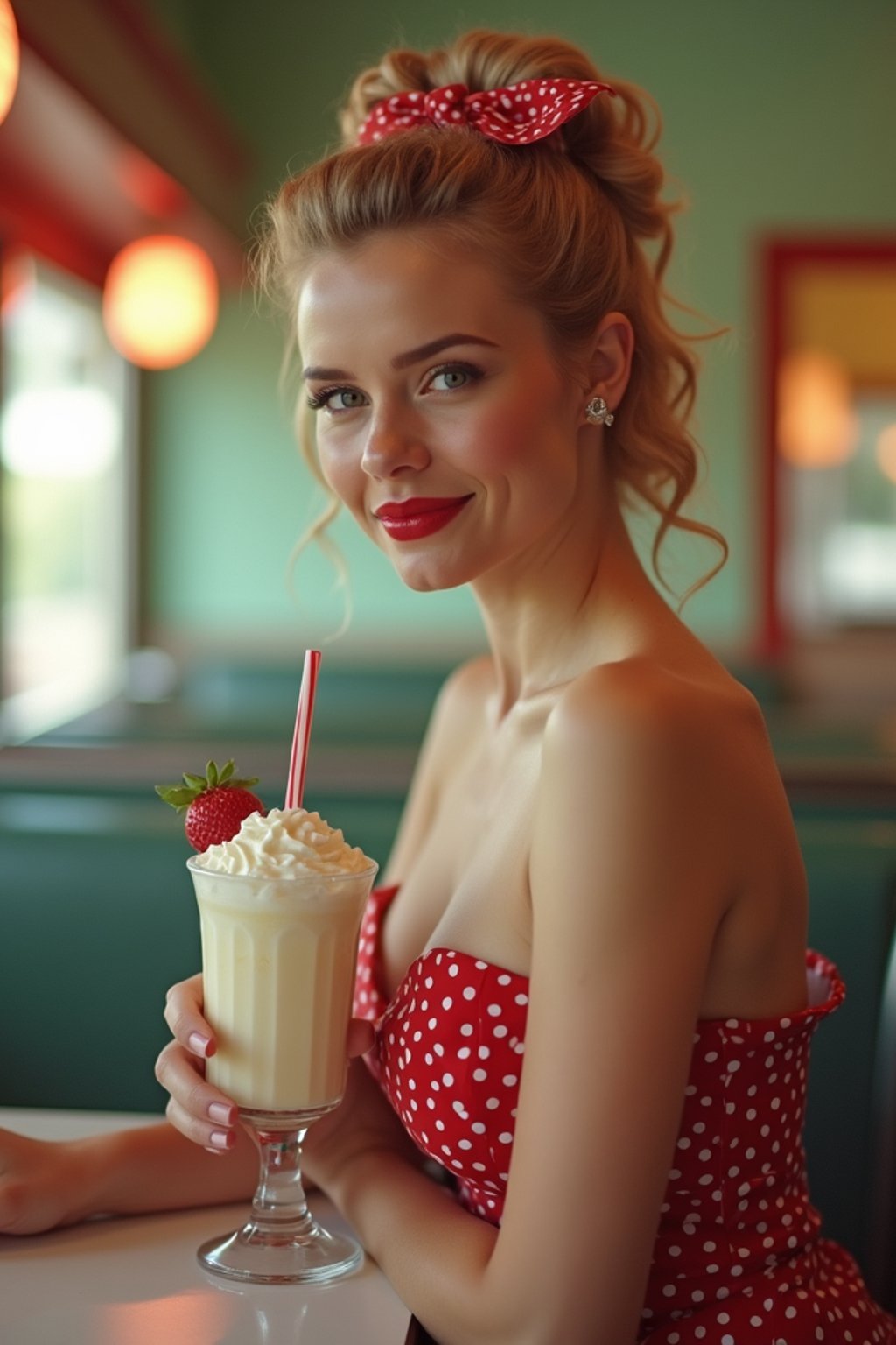 woman in retro 1950s diner photo shoot. one milkshake in front.  woman wearing 1950s pin up dress and 1950s hair tie