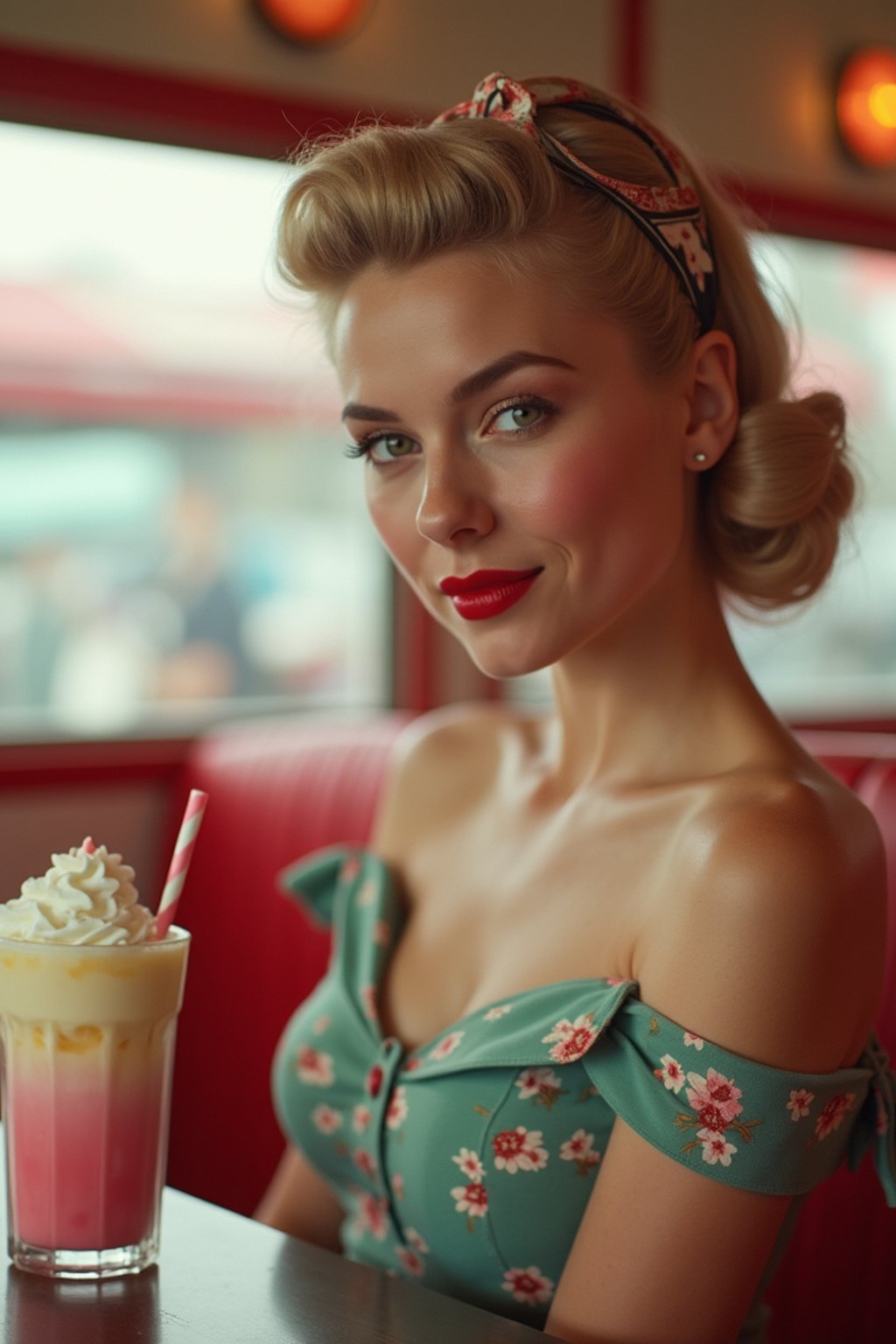 woman in retro 1950s diner photo shoot. one milkshake in front.  woman wearing 1950s pin up dress and 1950s hair tie