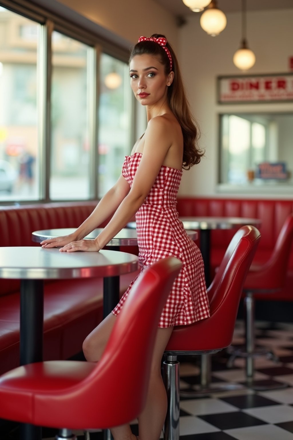 woman in retro 1950s diner photo shoot. posing in front of red 1950s barstools.  woman wearing 1950s pin up dress and 1950s red hair tie. white interior with red seats and black and white flooring.