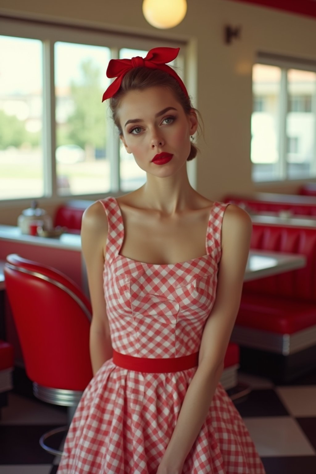 woman in retro 1950s diner photo shoot. posing in front of red 1950s barstools.  woman wearing 1950s pin up dress and 1950s red hair tie. white interior with red seats and black and white flooring.