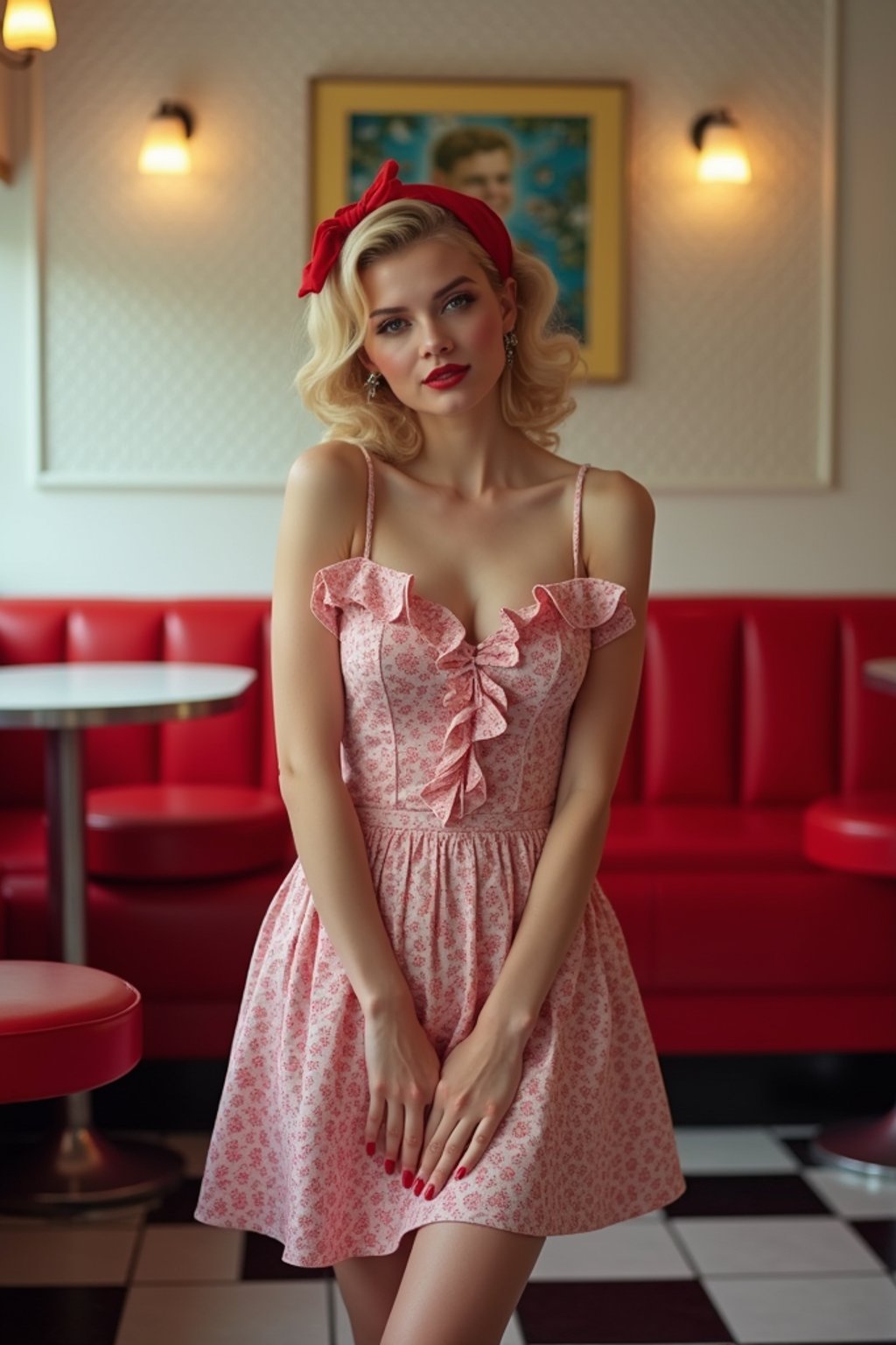 woman in retro 1950s diner photo shoot. posing in front of red 1950s barstools.  woman wearing 1950s pin up dress and 1950s red hair tie. white interior with red seats and black and white flooring.