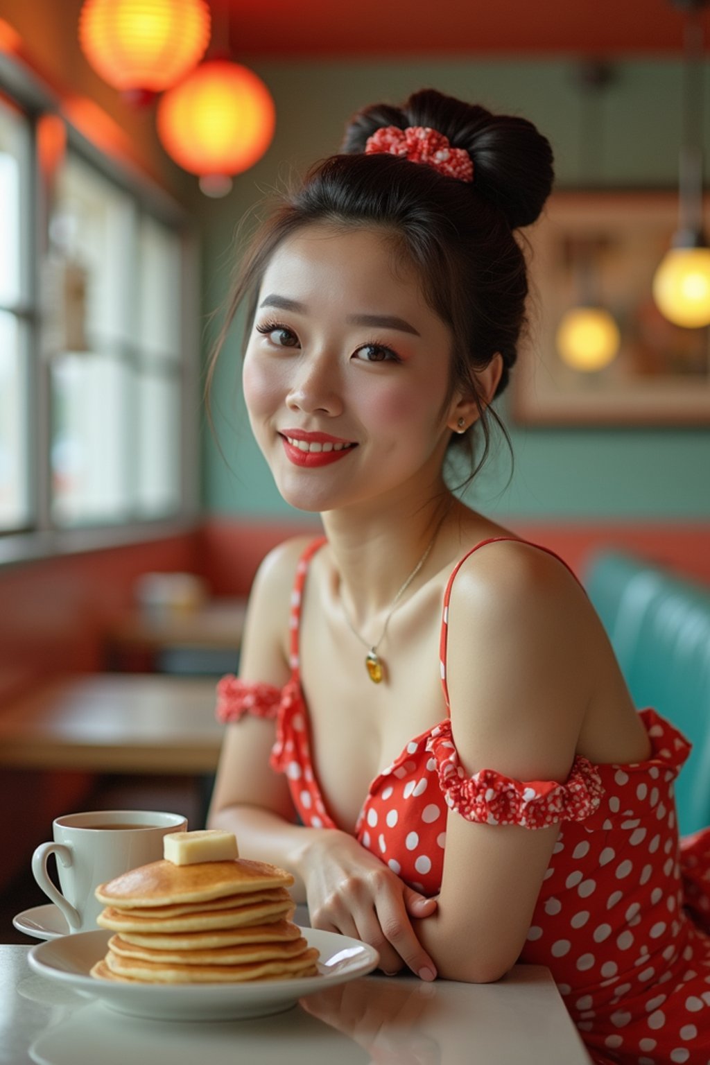 woman in retro 1950s diner photo shoot. stack of pancakes and one coffee mug in front.  woman wearing 1950s pin up dress and 1950s hair tie