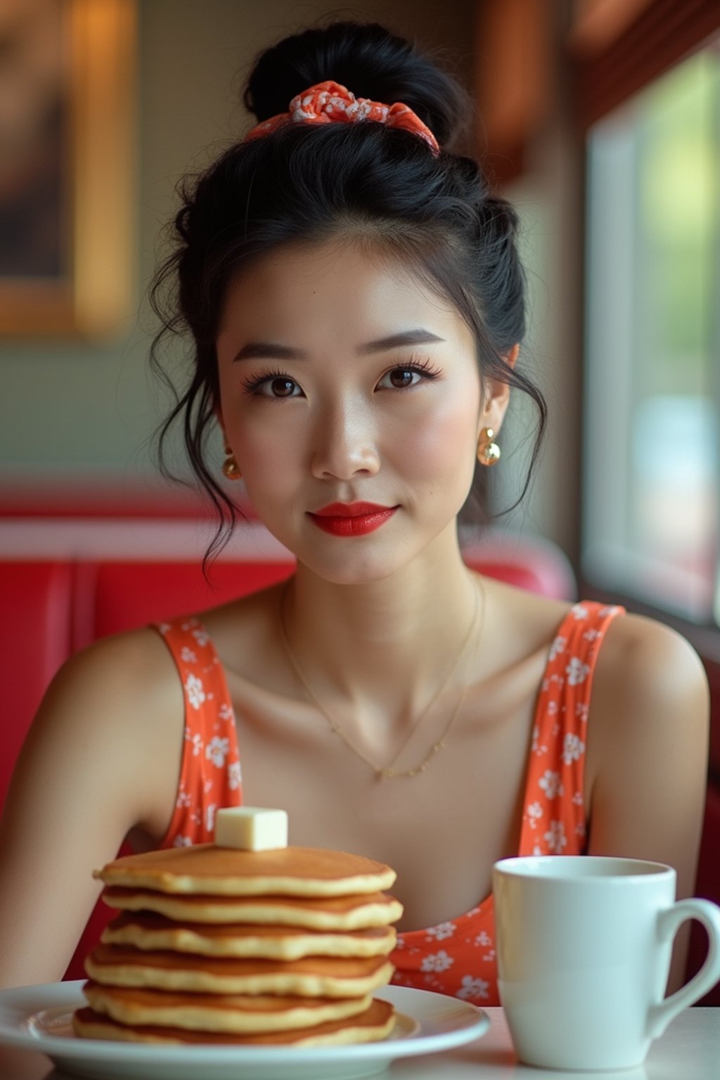 woman in retro 1950s diner photo shoot. stack of pancakes and one coffee mug in front.  woman wearing 1950s pin up dress and 1950s hair tie