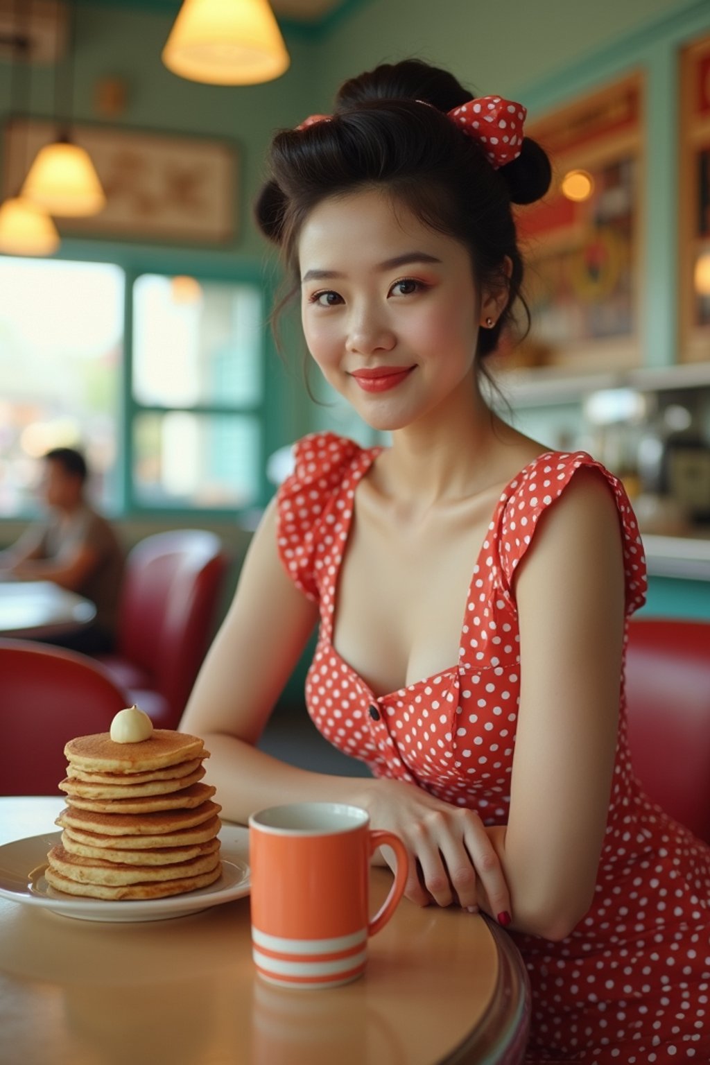 woman in retro 1950s diner photo shoot. stack of pancakes and one coffee mug in front.  woman wearing 1950s pin up dress and 1950s hair tie