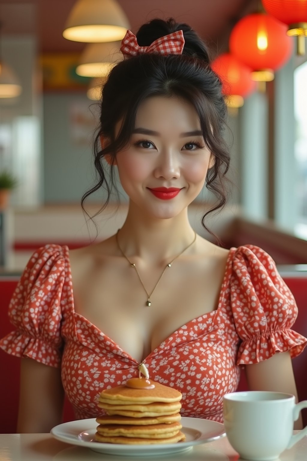 woman in retro 1950s diner photo shoot. stack of pancakes and one coffee mug in front.  woman wearing 1950s pin up dress and 1950s hair tie