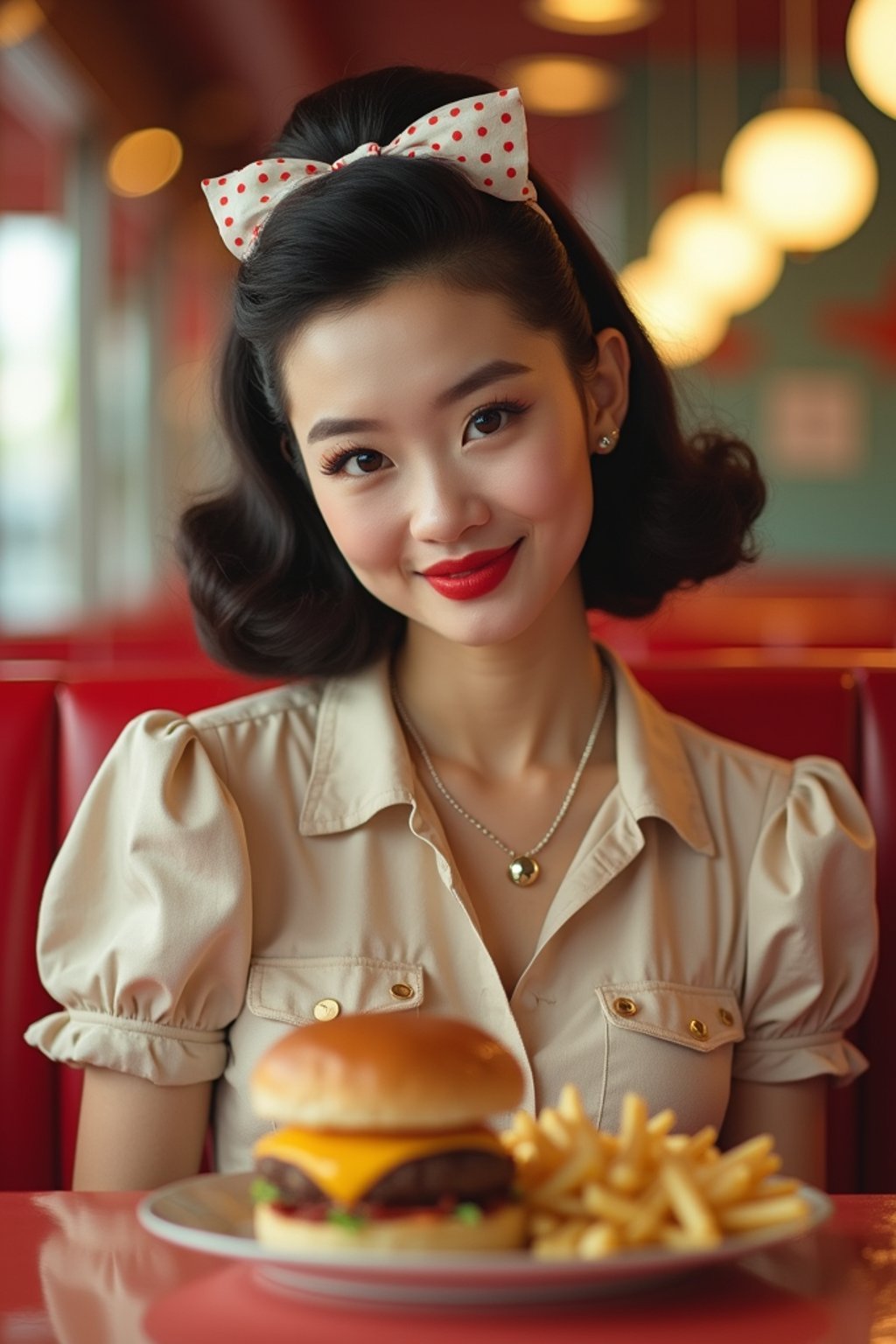 woman in retro 1950s diner photo shoot. french fries and one cheeseburger on a plate in front.  woman wearing 1950s pin up dress and 1950s hair tie