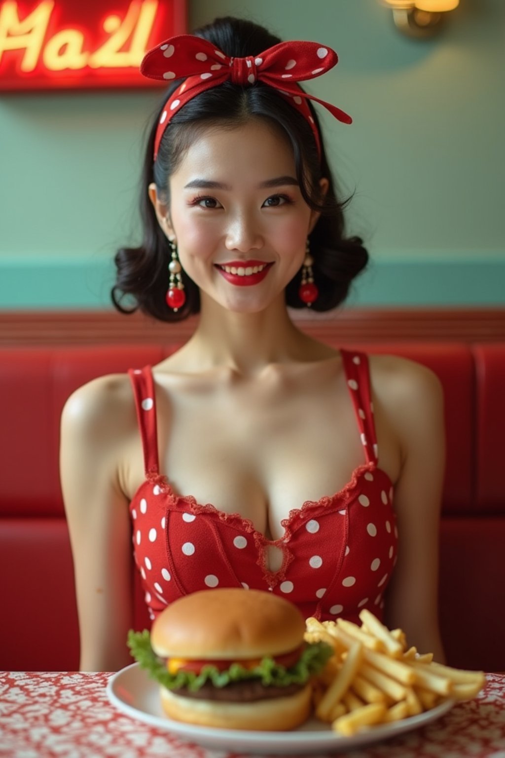 woman in retro 1950s diner photo shoot. french fries and one cheeseburger on a plate in front.  woman wearing 1950s pin up dress and 1950s hair tie