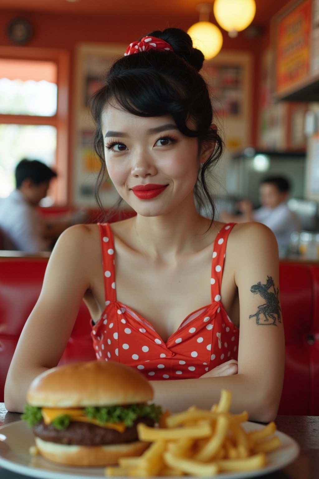 woman in retro 1950s diner photo shoot. french fries and one cheeseburger on a plate in front.  woman wearing 1950s pin up dress and 1950s hair tie