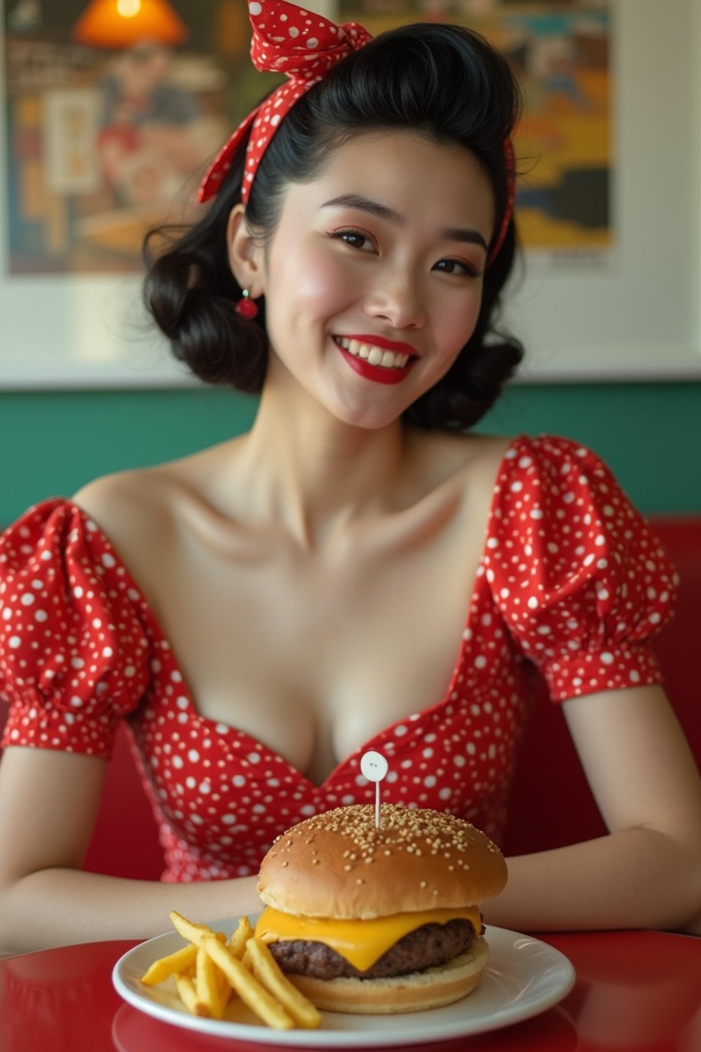 woman in retro 1950s diner photo shoot. french fries and one cheeseburger on a plate in front.  woman wearing 1950s pin up dress and 1950s hair tie