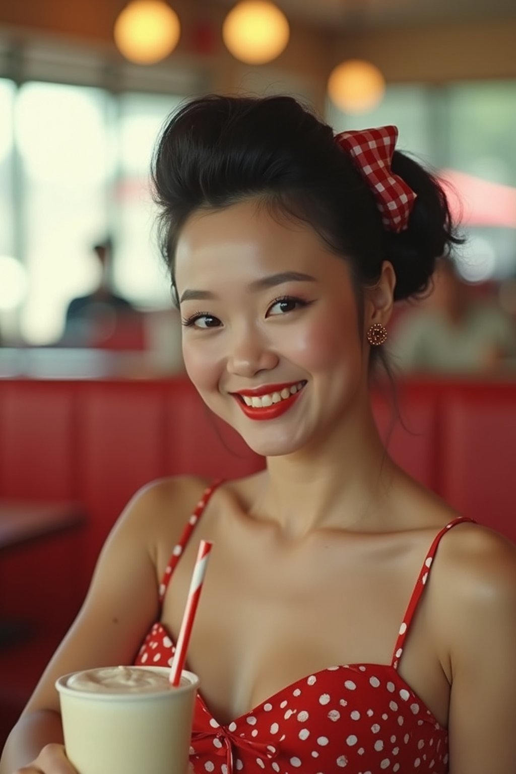 woman in retro 1950s diner photo shoot. one milkshake in front.  woman wearing 1950s pin up dress and 1950s hair tie