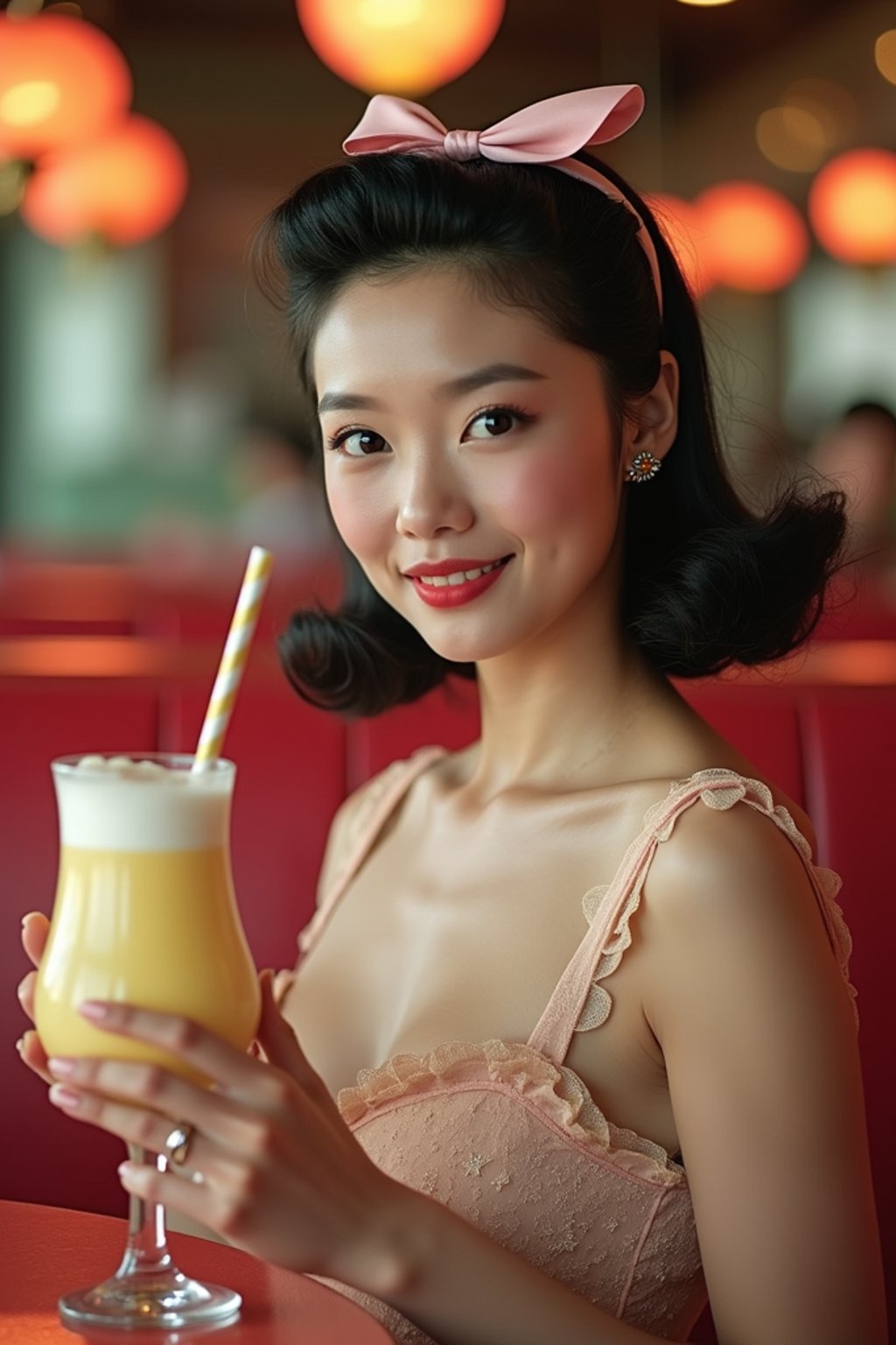 woman in retro 1950s diner photo shoot. one milkshake in front.  woman wearing 1950s pin up dress and 1950s hair tie