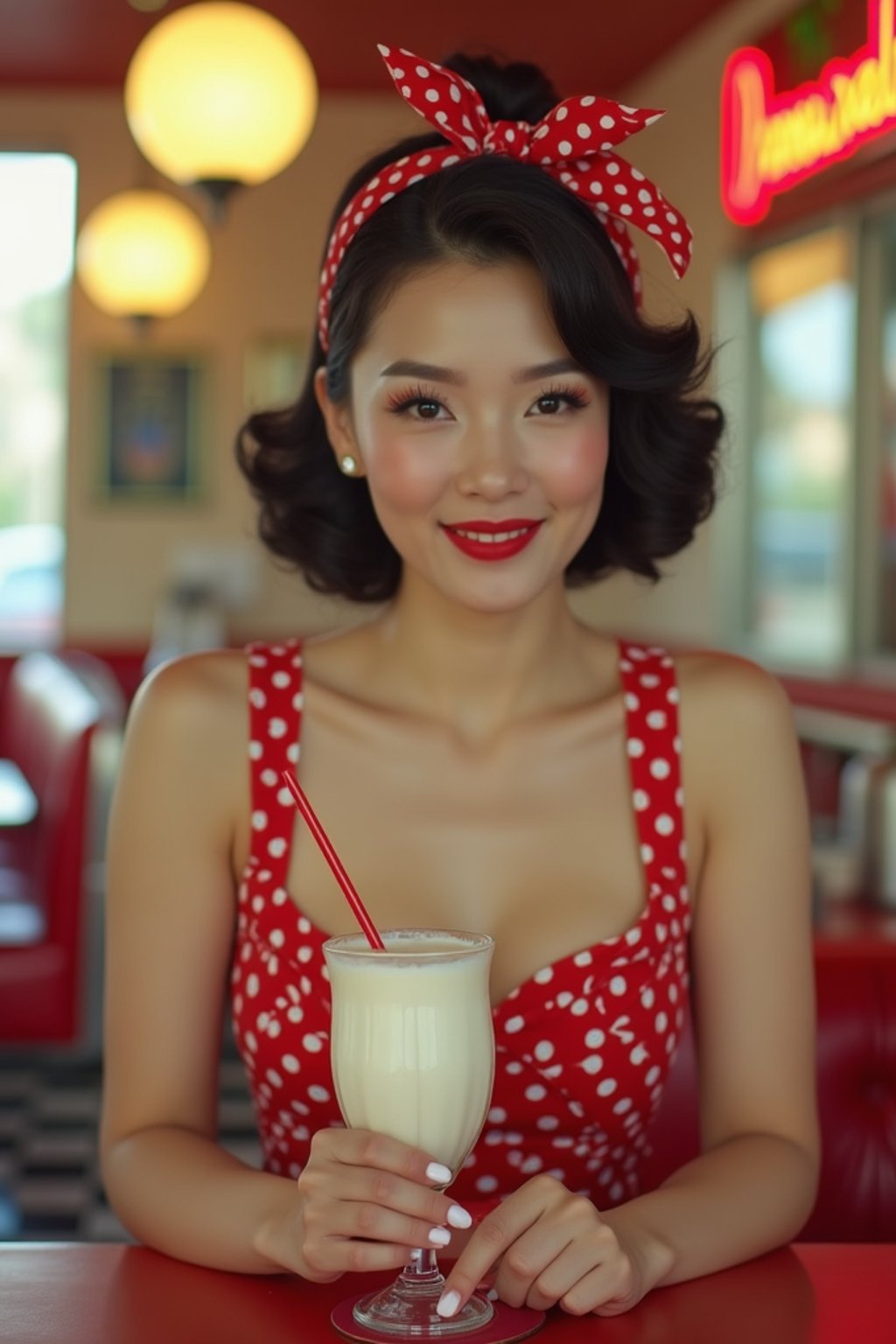 woman in retro 1950s diner photo shoot. one milkshake in front.  woman wearing 1950s pin up dress and 1950s hair tie