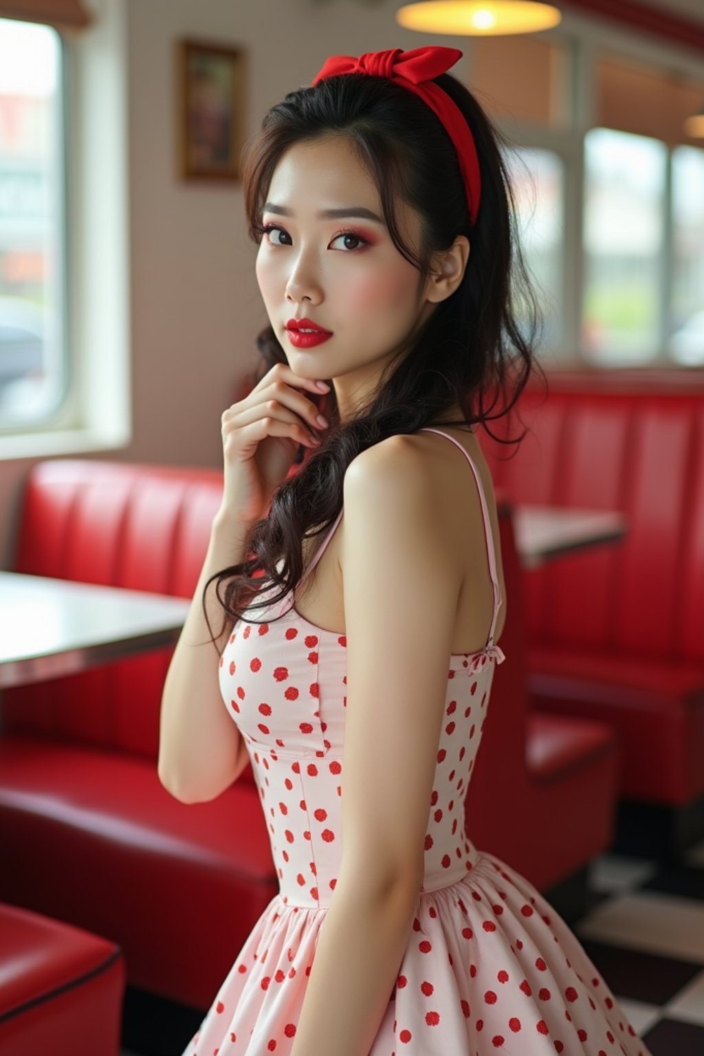 woman in retro 1950s diner photo shoot. posing in front of red 1950s barstools.  woman wearing 1950s pin up dress and 1950s red hair tie. white interior with red seats and black and white flooring.