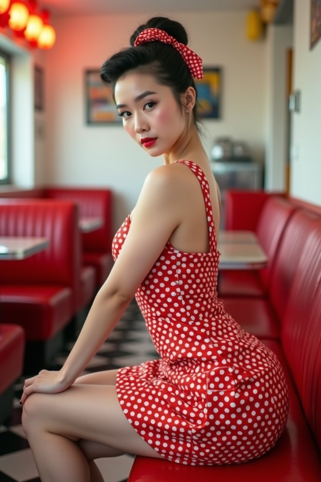 woman in retro 1950s diner photo shoot. posing in front of red 1950s barstools.  woman wearing 1950s pin up dress and 1950s red hair tie. white interior with red seats and black and white flooring.