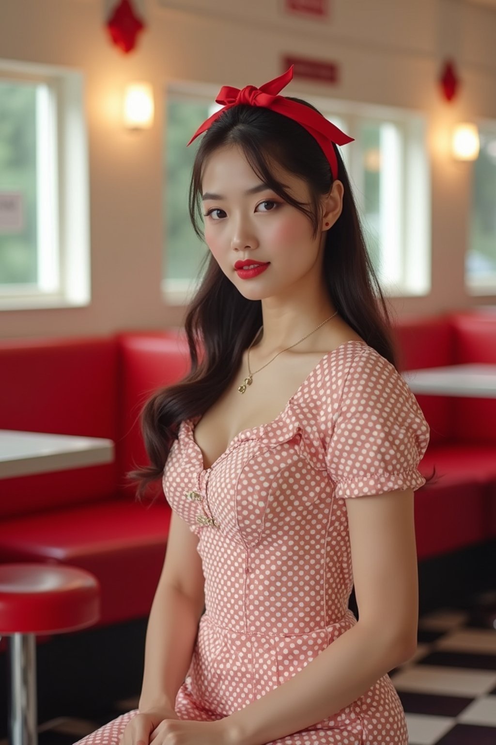 woman in retro 1950s diner photo shoot. posing in front of red 1950s barstools.  woman wearing 1950s pin up dress and 1950s red hair tie. white interior with red seats and black and white flooring.