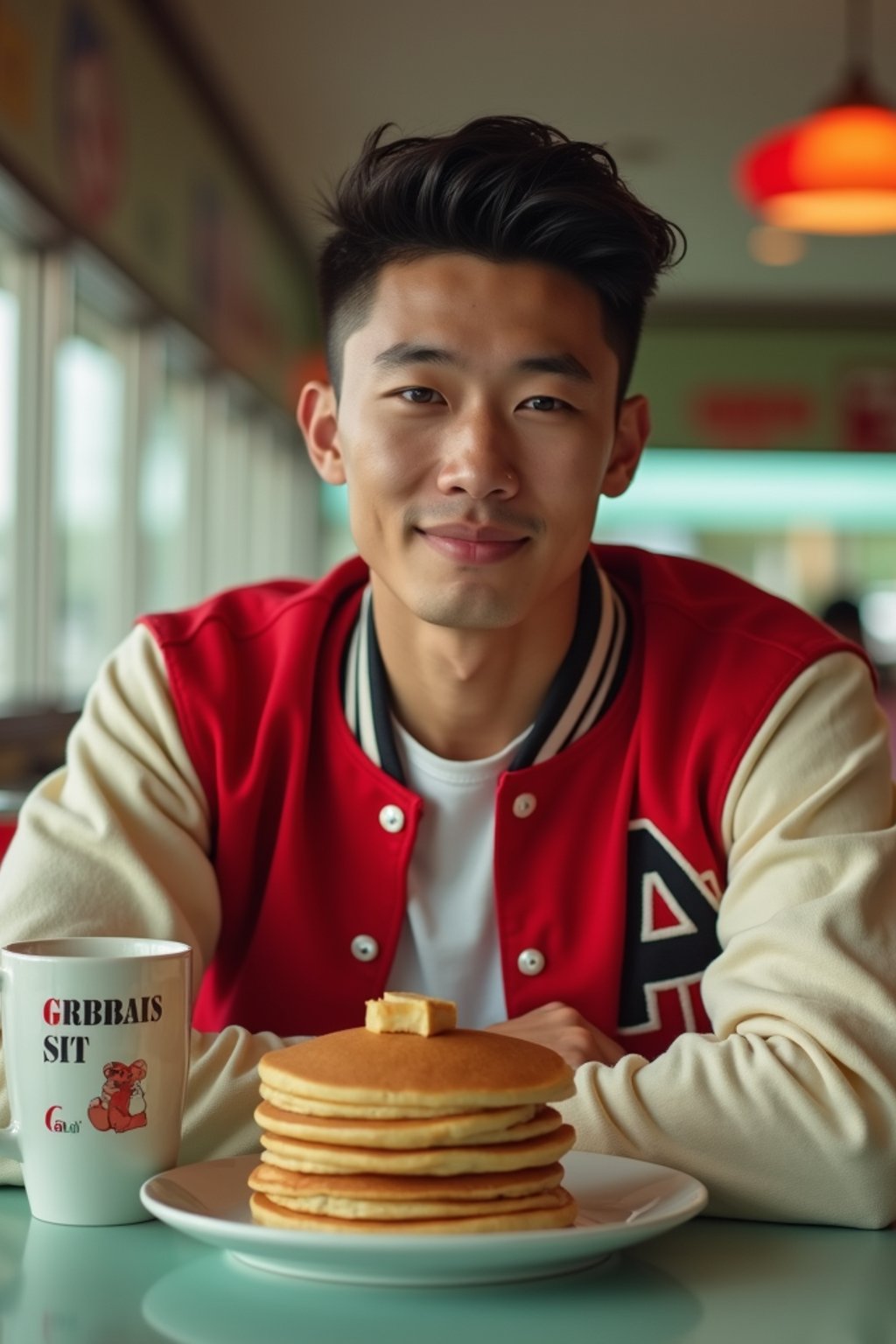 man in retro 1950s diner photo shoot. stack of pancakes and one coffee mug in front. man wearing varsity bomber