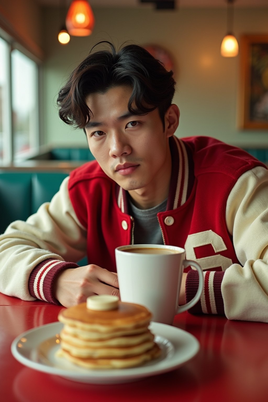 man in retro 1950s diner photo shoot. stack of pancakes and one coffee mug in front. man wearing varsity bomber