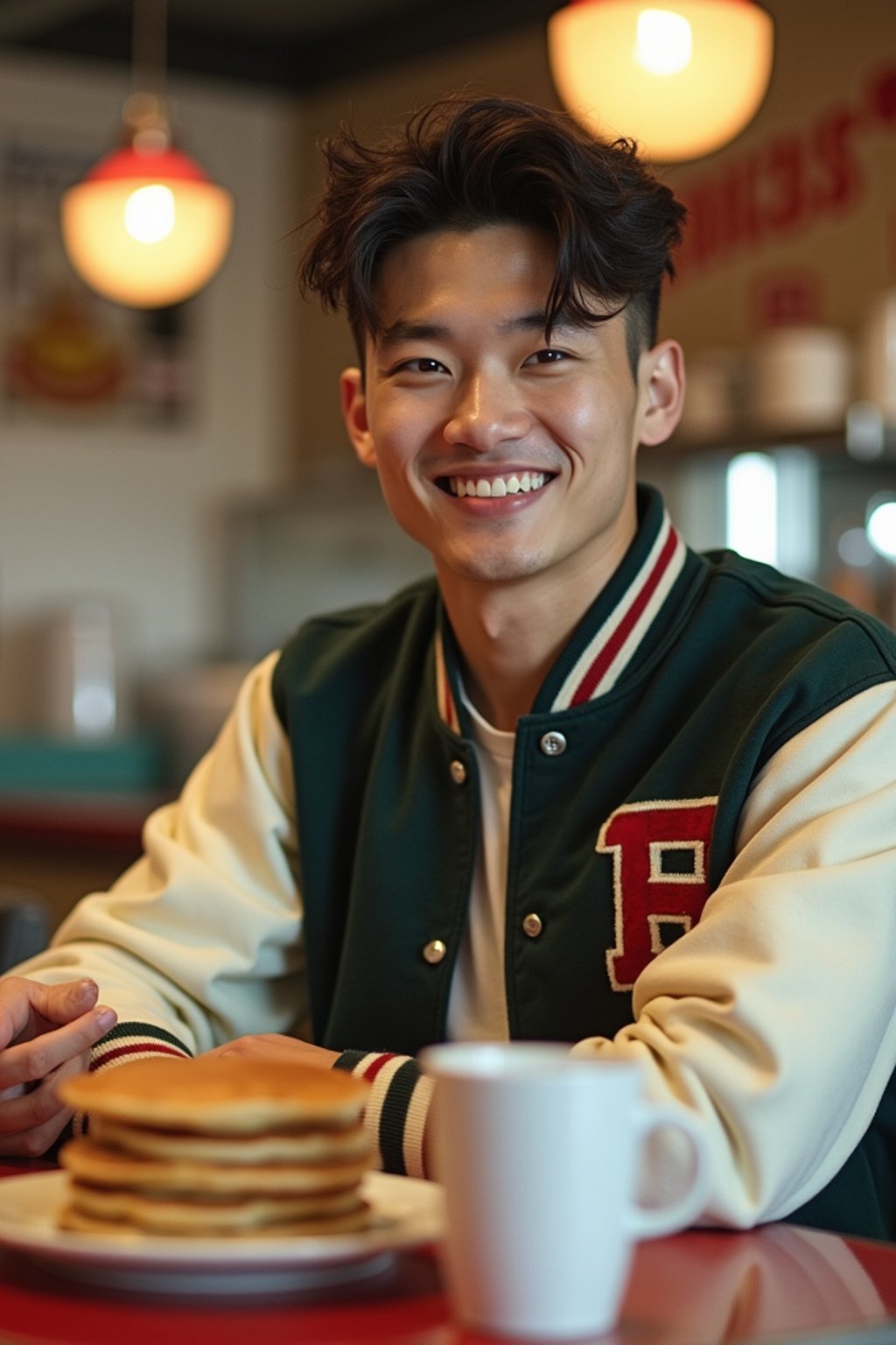 man in retro 1950s diner photo shoot. stack of pancakes and one coffee mug in front. man wearing varsity bomber