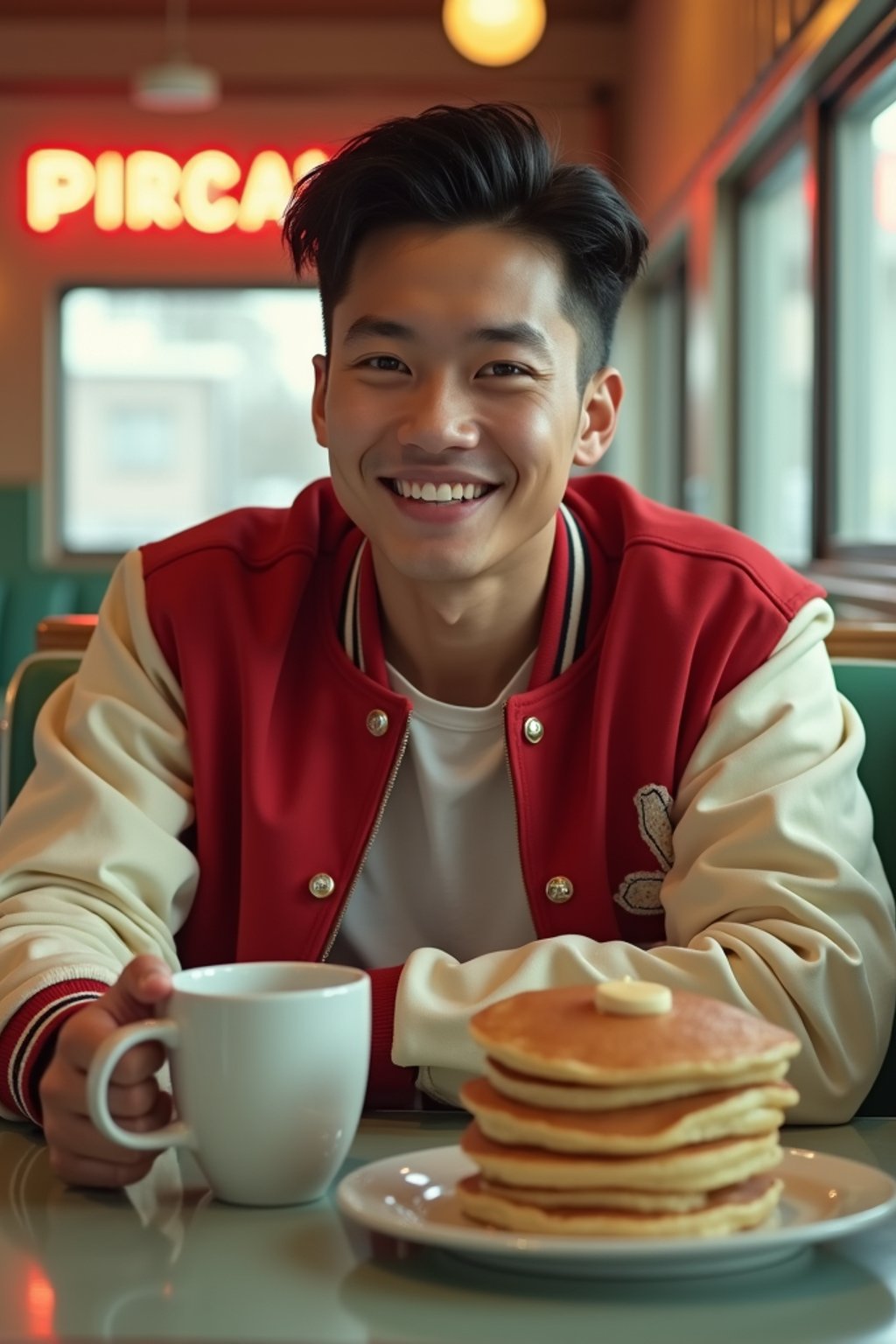 man in retro 1950s diner photo shoot. stack of pancakes and one coffee mug in front. man wearing varsity bomber