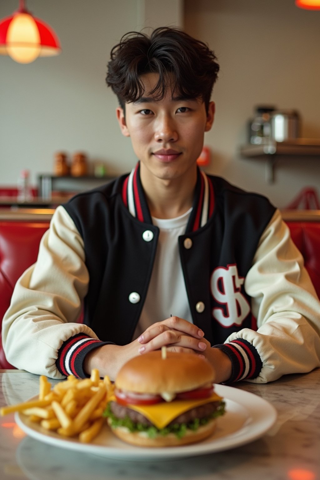 man in retro 1950s diner photo shoot. french fries and one cheeseburger on a plate in front. man wearing varsity bomber