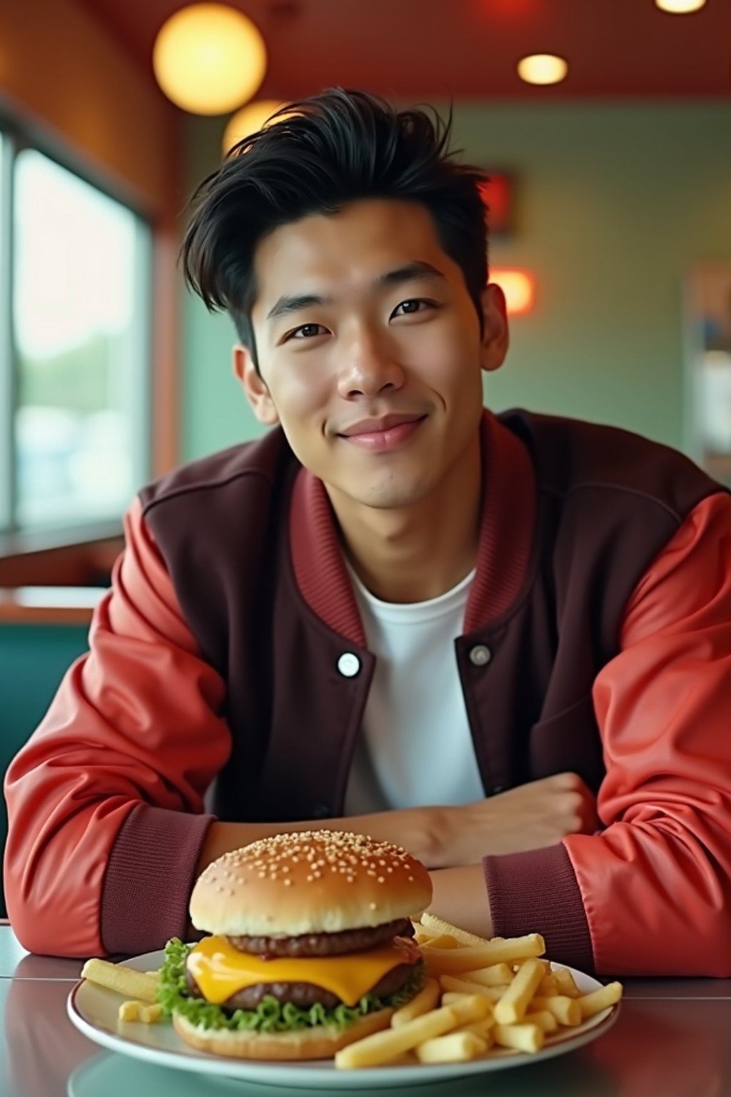 man in retro 1950s diner photo shoot. french fries and one cheeseburger on a plate in front. man wearing varsity bomber