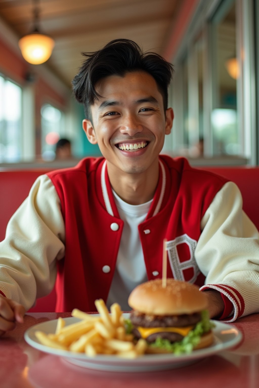 man in retro 1950s diner photo shoot. french fries and one cheeseburger on a plate in front. man wearing varsity bomber