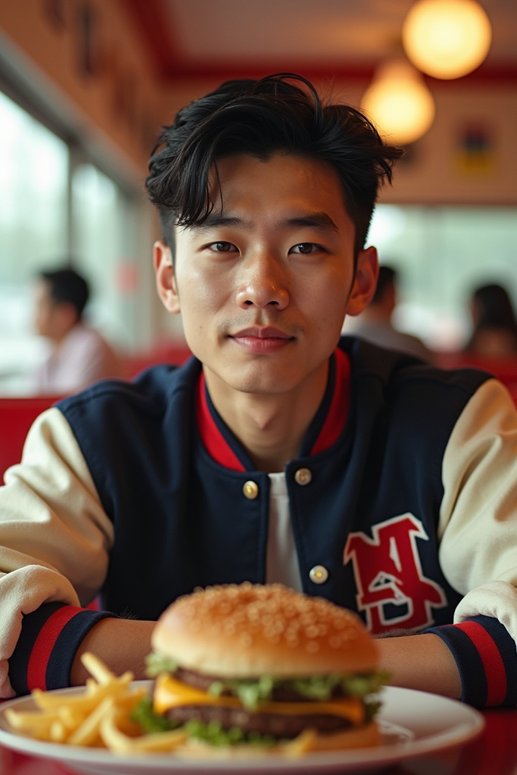 man in retro 1950s diner photo shoot. french fries and one cheeseburger on a plate in front. man wearing varsity bomber