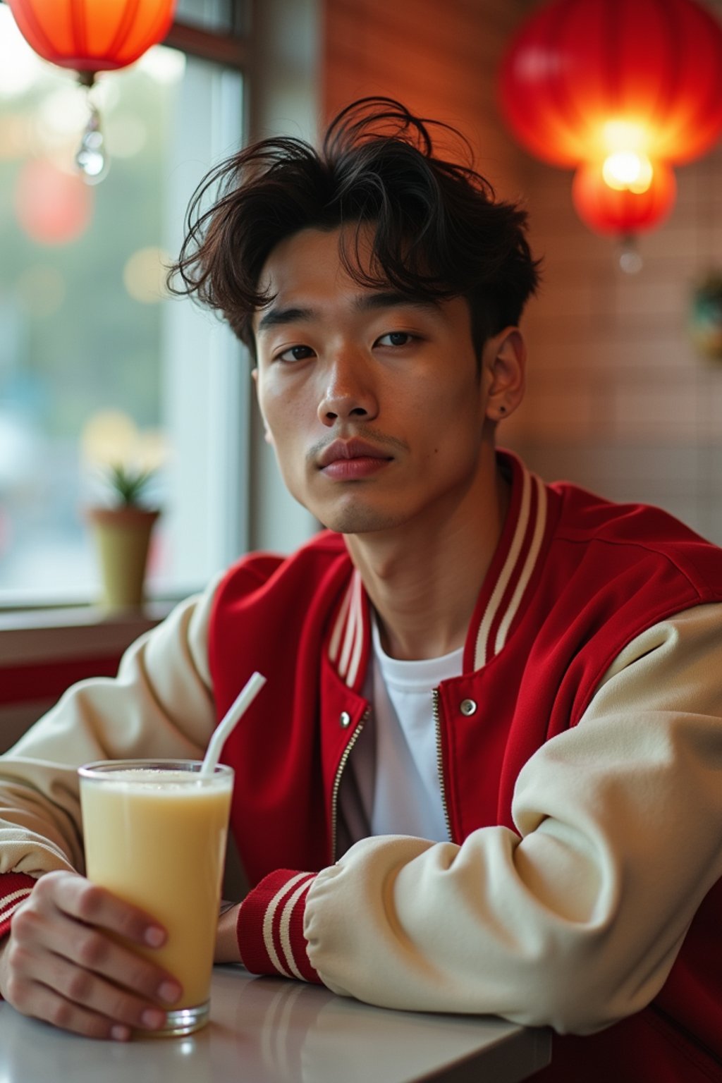 man in retro 1950s diner photo shoot. one milkshake in front. man wearing varsity bomber