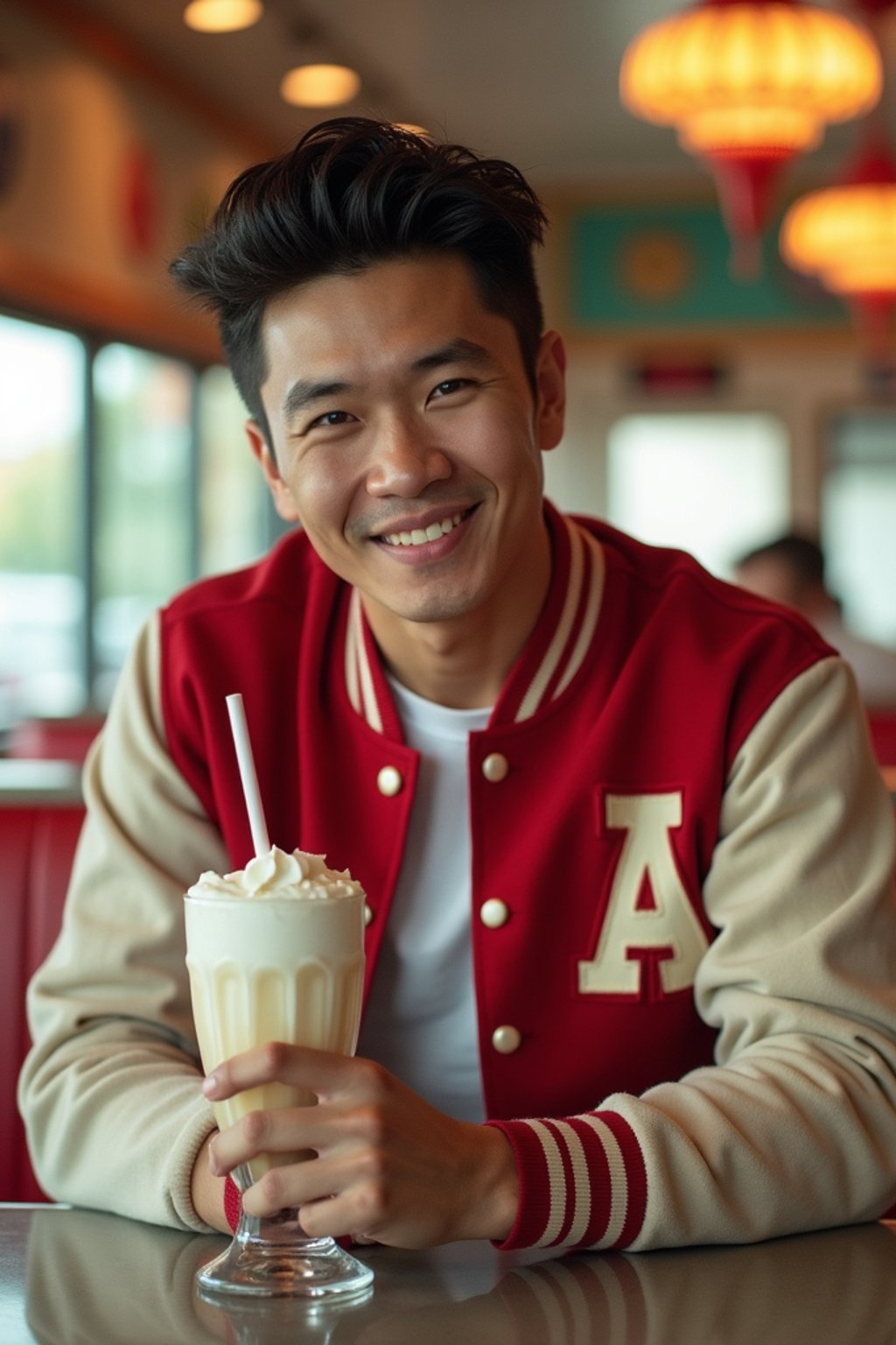 man in retro 1950s diner photo shoot. one milkshake in front. man wearing varsity bomber