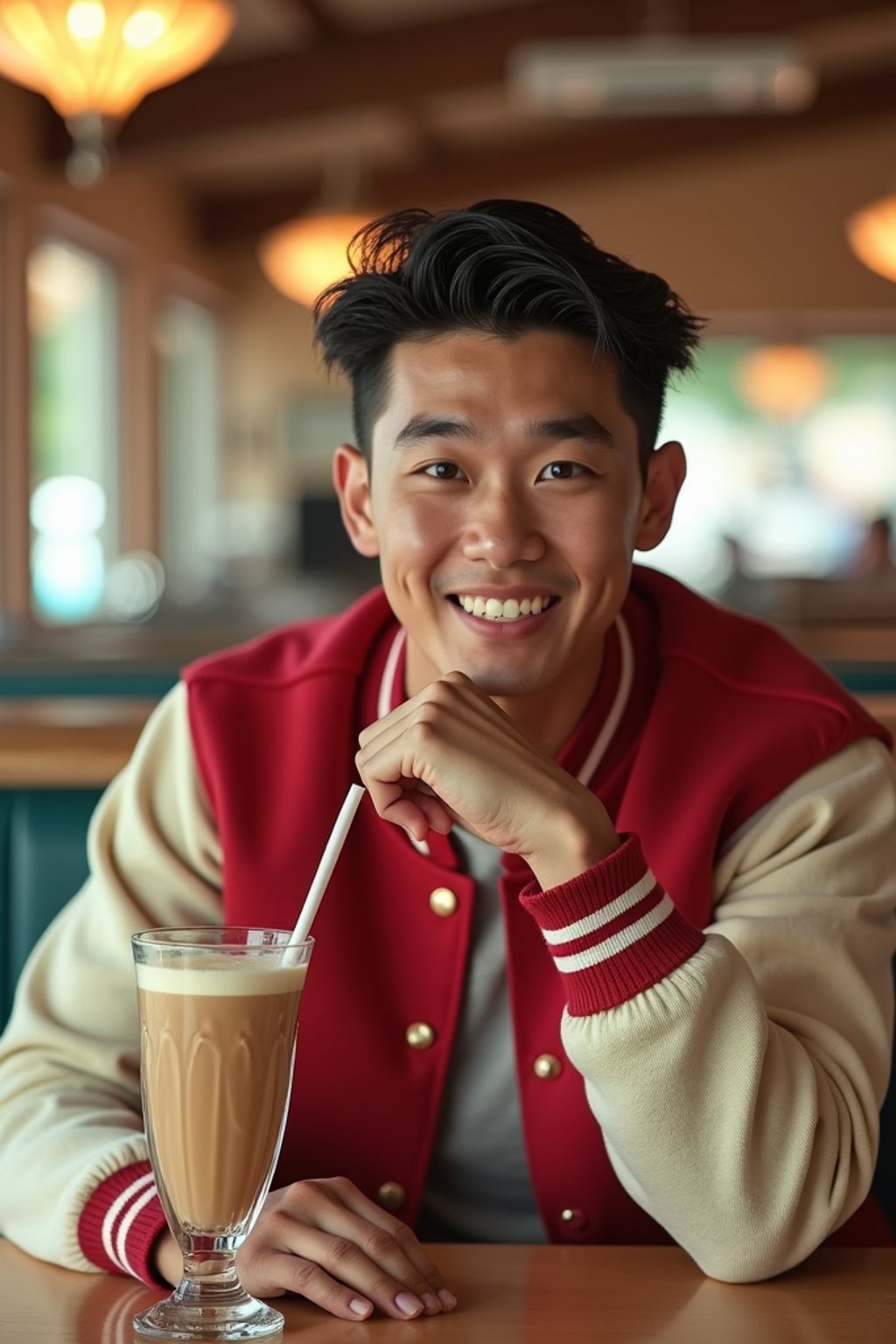 man in retro 1950s diner photo shoot. one milkshake in front. man wearing varsity bomber