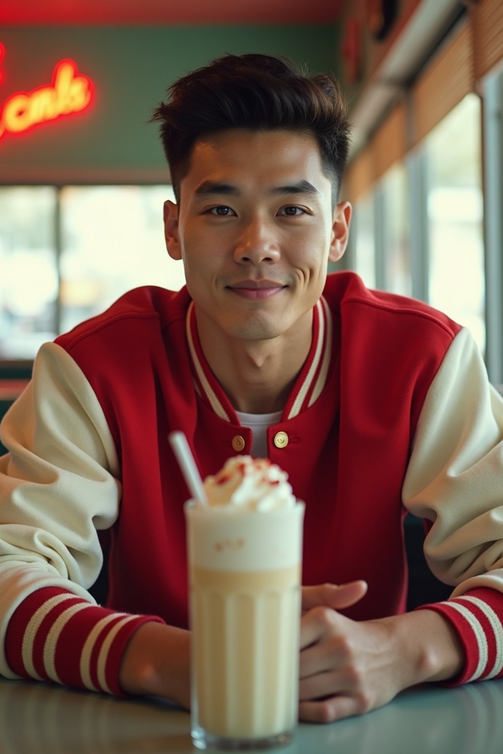 man in retro 1950s diner photo shoot. one milkshake in front. man wearing varsity bomber