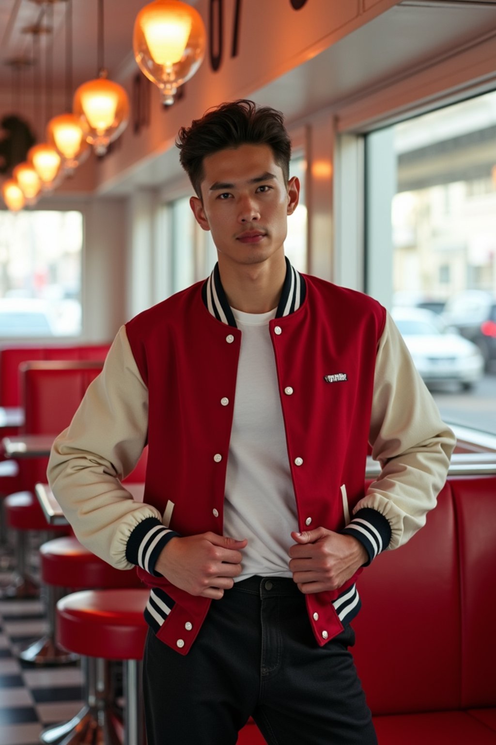 man in retro 1950s diner photo shoot. posing in front of red 1950s barstools. man wearing varsity bomber . white interior with red seats and black and white flooring.