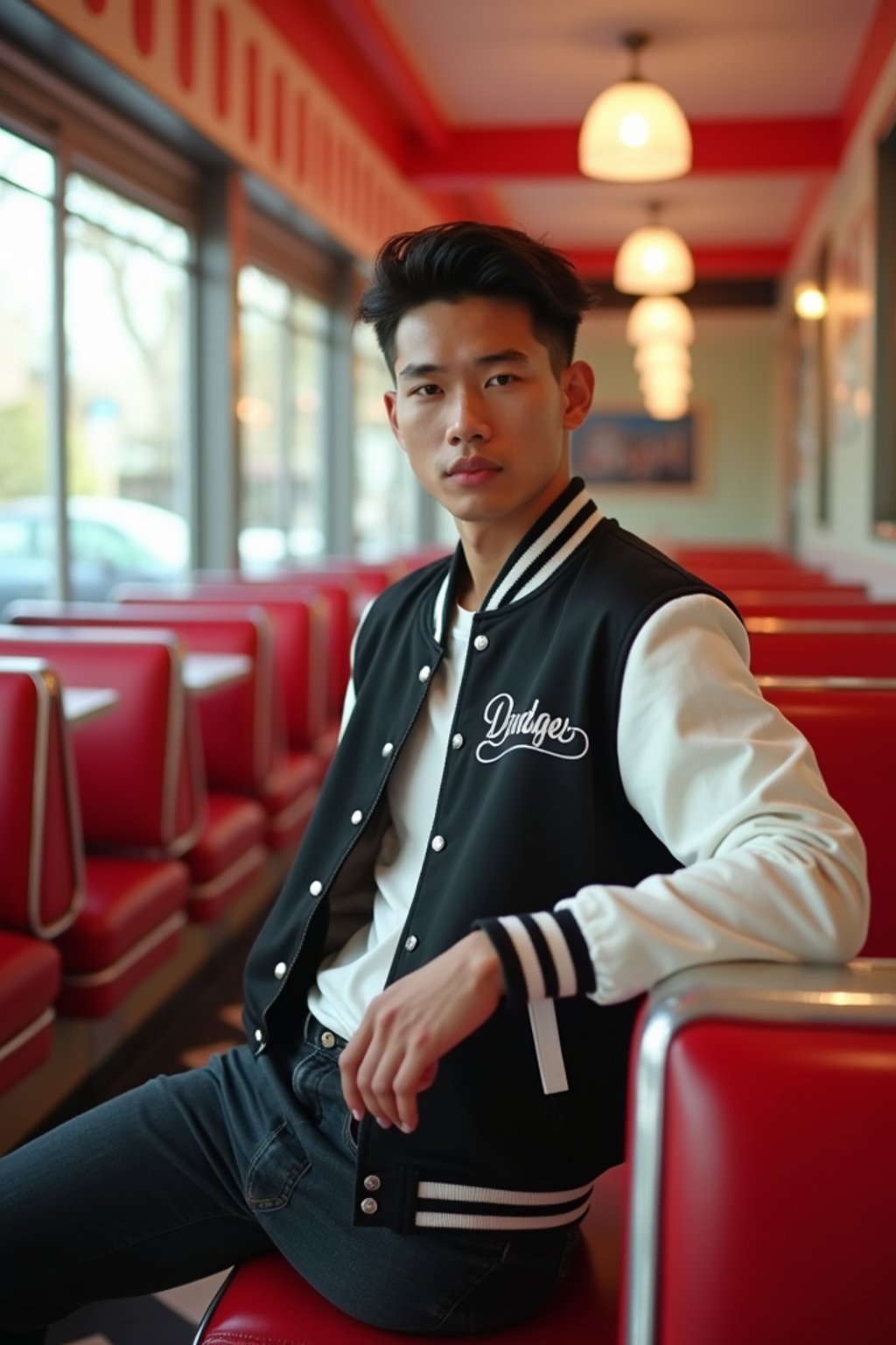 man in retro 1950s diner photo shoot. posing in front of red 1950s barstools. man wearing varsity bomber . white interior with red seats and black and white flooring.