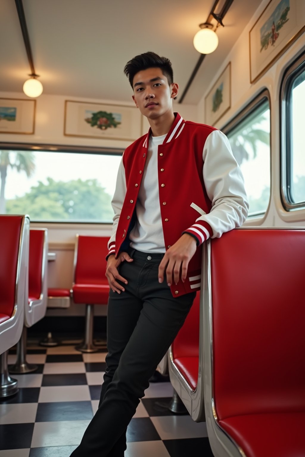 man in retro 1950s diner photo shoot. posing in front of red 1950s barstools. man wearing varsity bomber . white interior with red seats and black and white flooring.