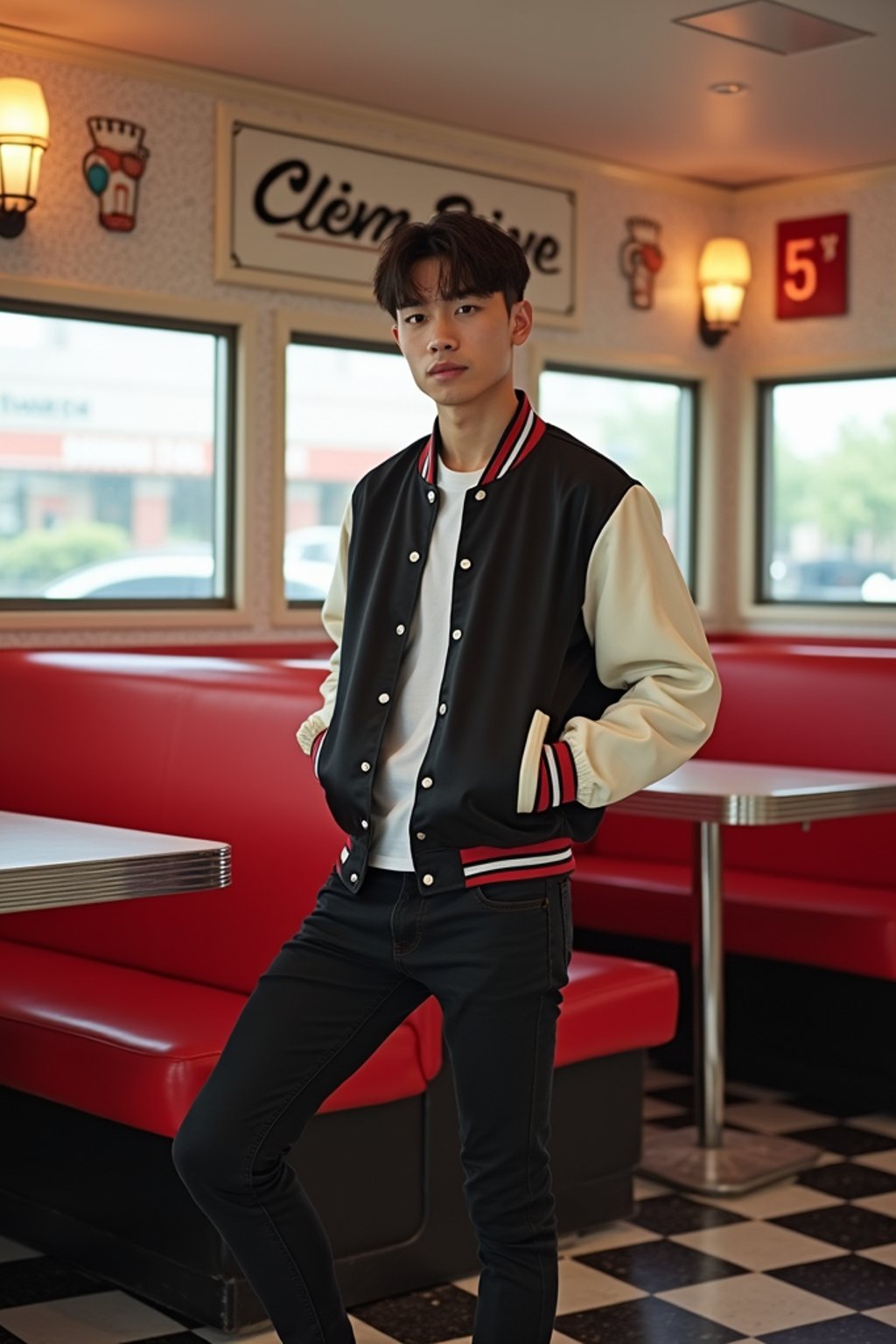 man in retro 1950s diner photo shoot. posing in front of red 1950s barstools. man wearing varsity bomber . white interior with red seats and black and white flooring.