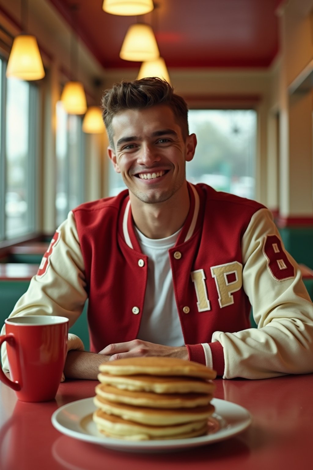 man in retro 1950s diner photo shoot. stack of pancakes and one coffee mug in front. man wearing varsity bomber