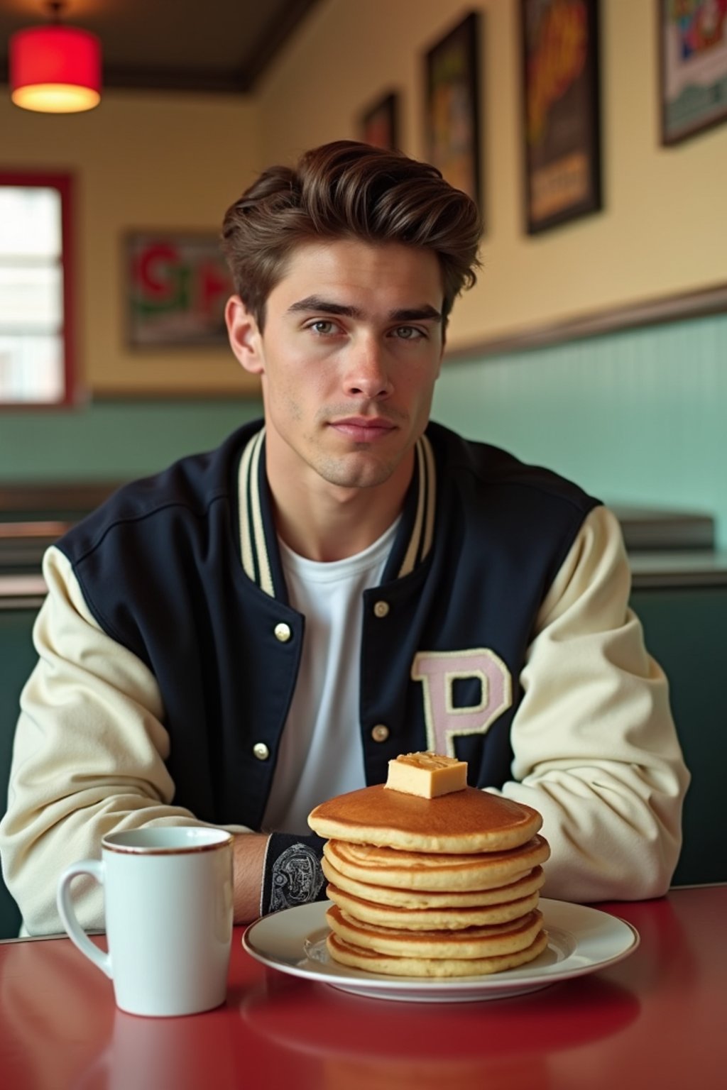 man in retro 1950s diner photo shoot. stack of pancakes and one coffee mug in front. man wearing varsity bomber