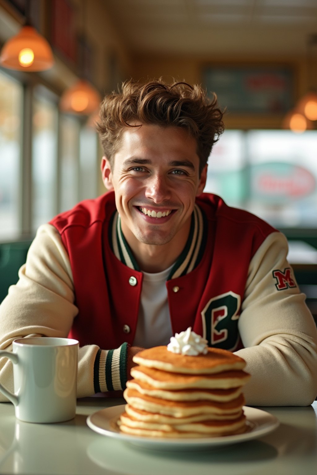 man in retro 1950s diner photo shoot. stack of pancakes and one coffee mug in front. man wearing varsity bomber