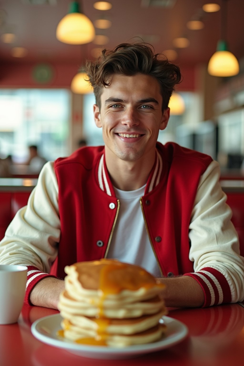 man in retro 1950s diner photo shoot. stack of pancakes and one coffee mug in front. man wearing varsity bomber