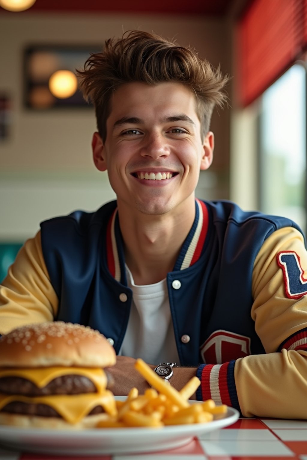 man in retro 1950s diner photo shoot. french fries and one cheeseburger on a plate in front. man wearing varsity bomber