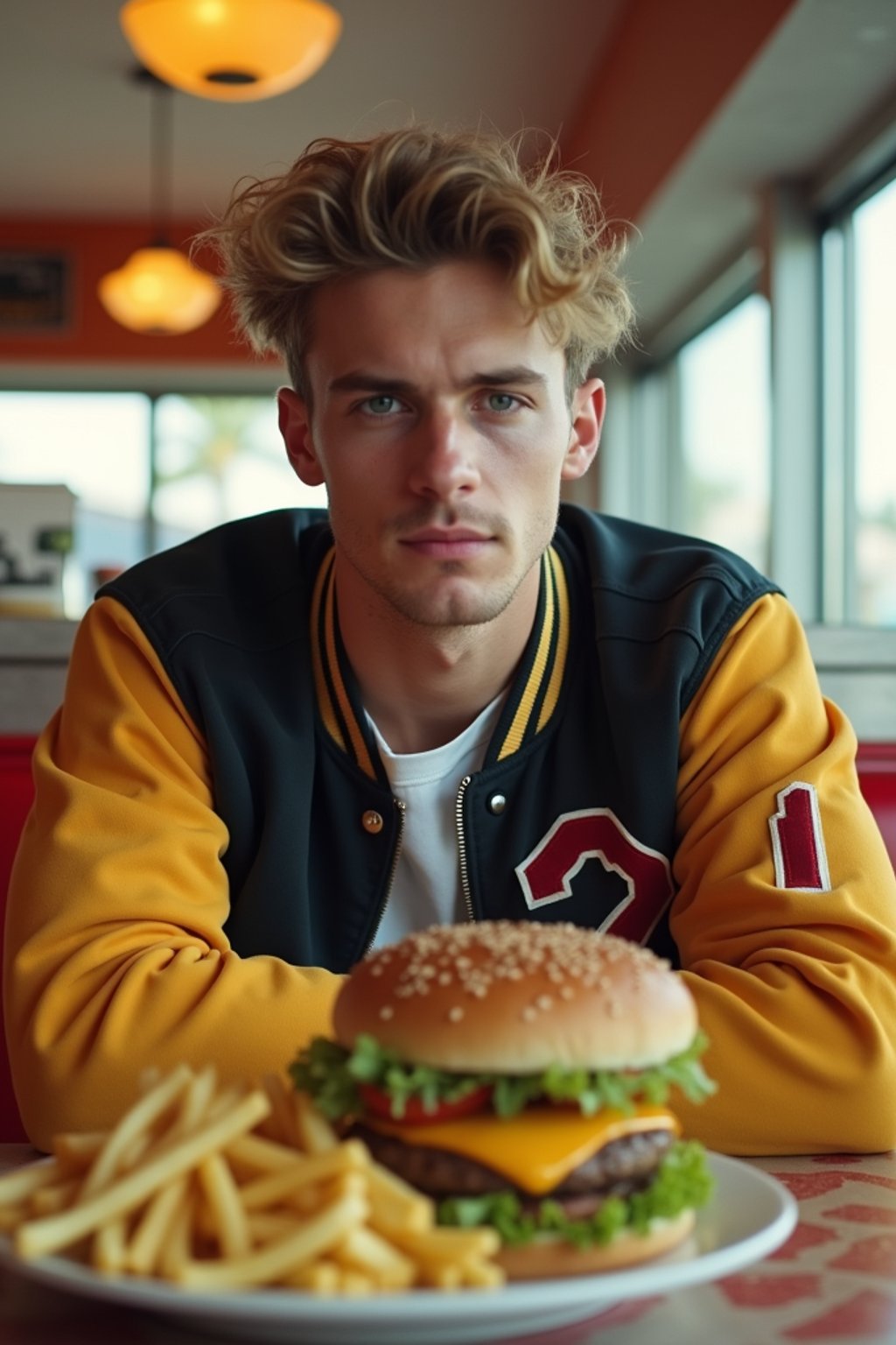 man in retro 1950s diner photo shoot. french fries and one cheeseburger on a plate in front. man wearing varsity bomber