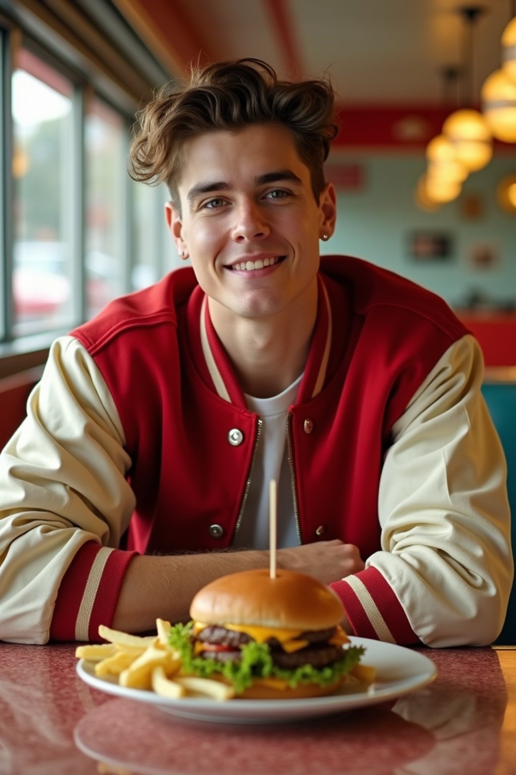 man in retro 1950s diner photo shoot. french fries and one cheeseburger on a plate in front. man wearing varsity bomber