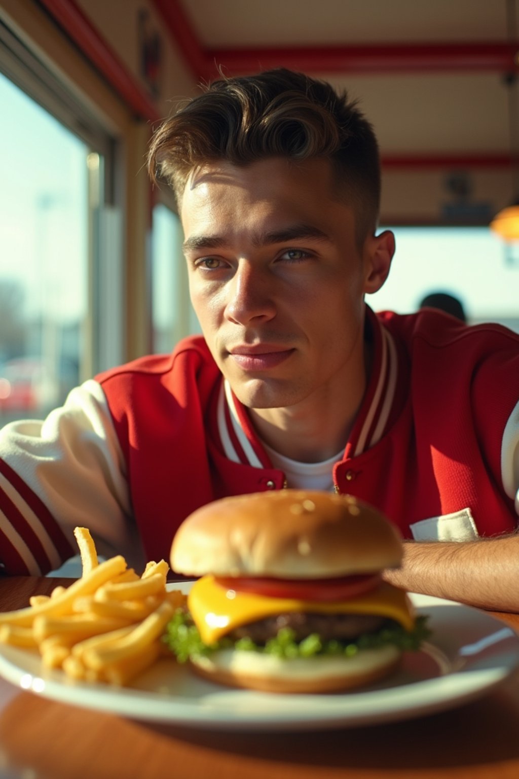 man in retro 1950s diner photo shoot. french fries and one cheeseburger on a plate in front. man wearing varsity bomber