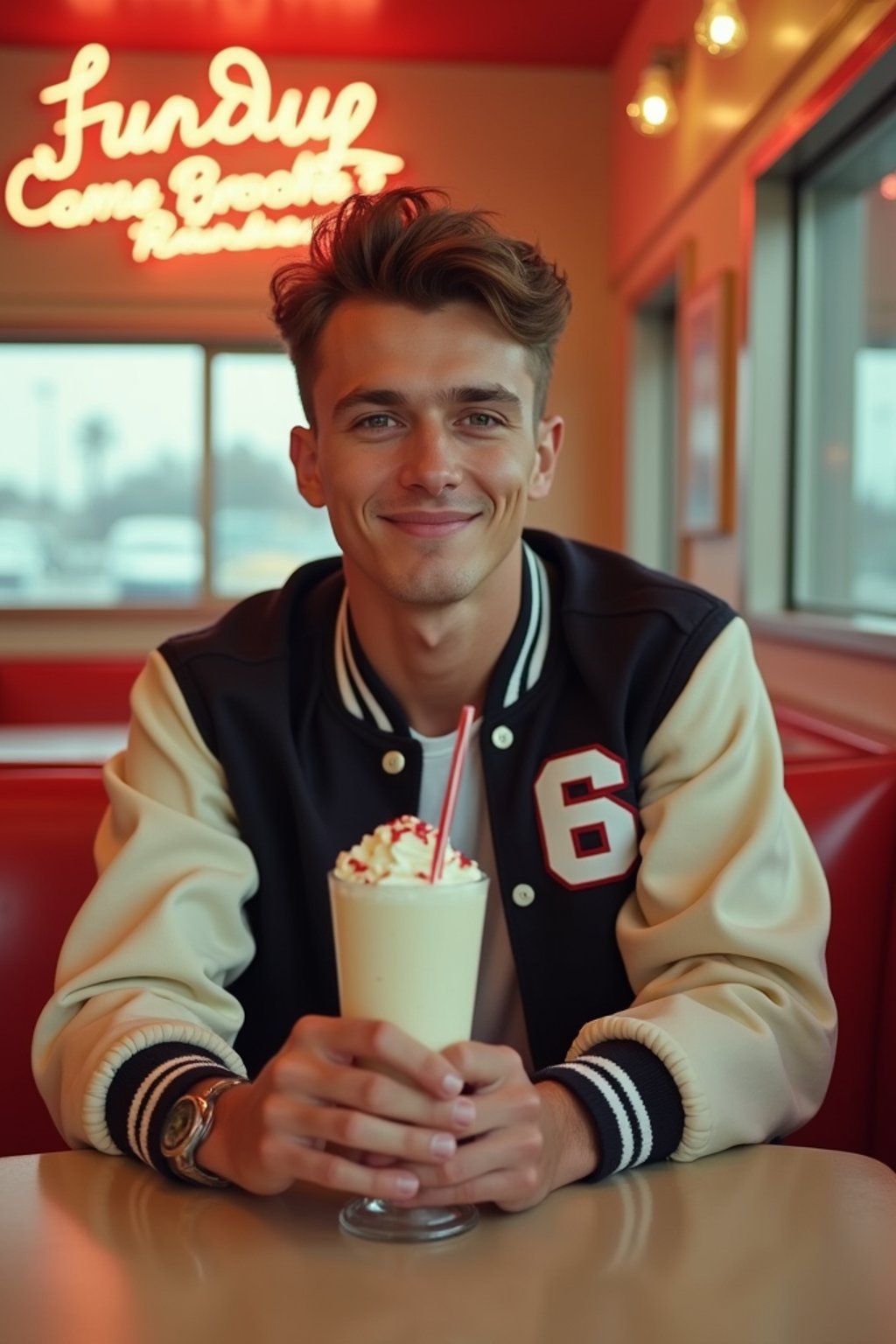 man in retro 1950s diner photo shoot. one milkshake in front. man wearing varsity bomber