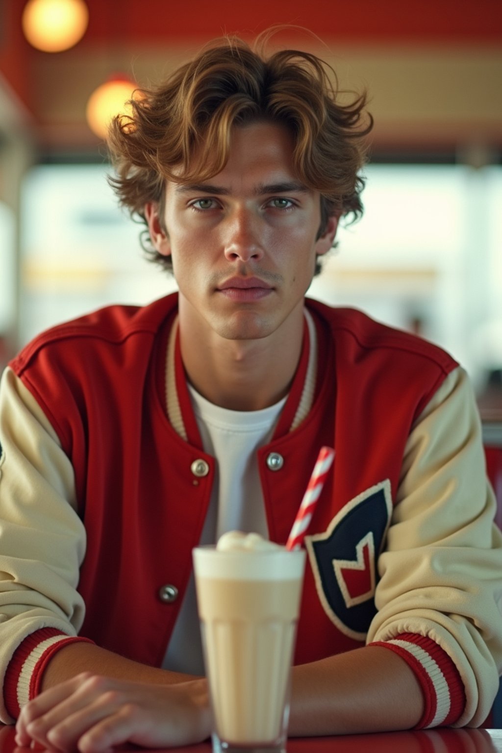 man in retro 1950s diner photo shoot. one milkshake in front. man wearing varsity bomber