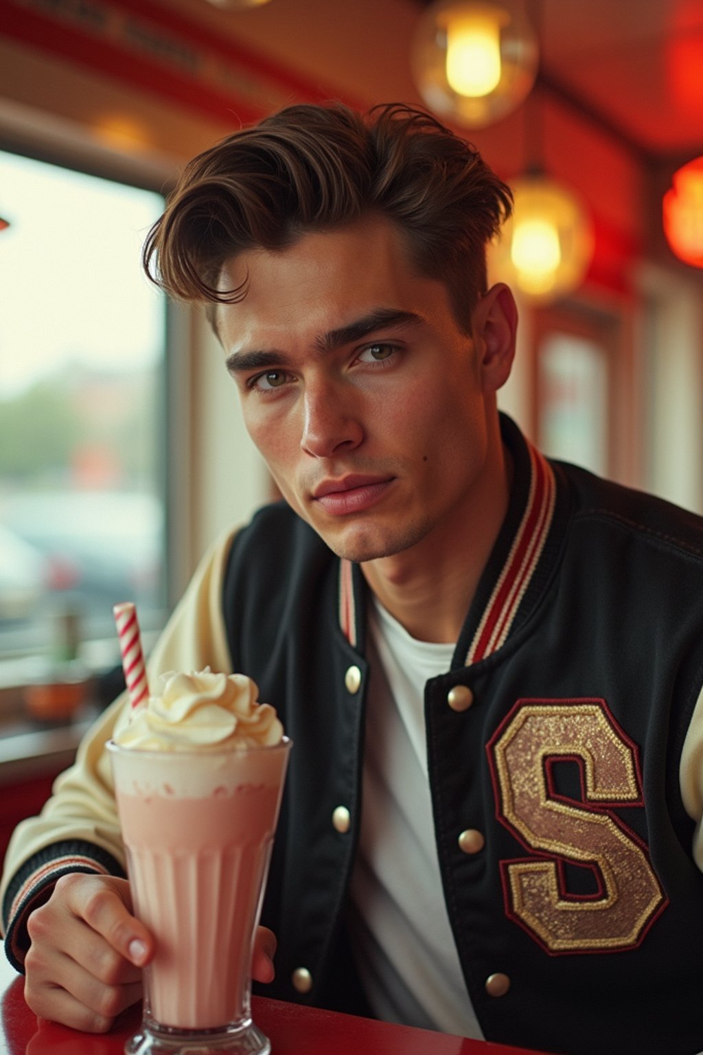 man in retro 1950s diner photo shoot. one milkshake in front. man wearing varsity bomber