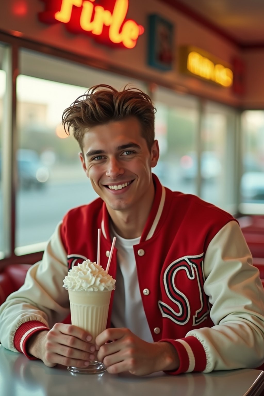 man in retro 1950s diner photo shoot. one milkshake in front. man wearing varsity bomber