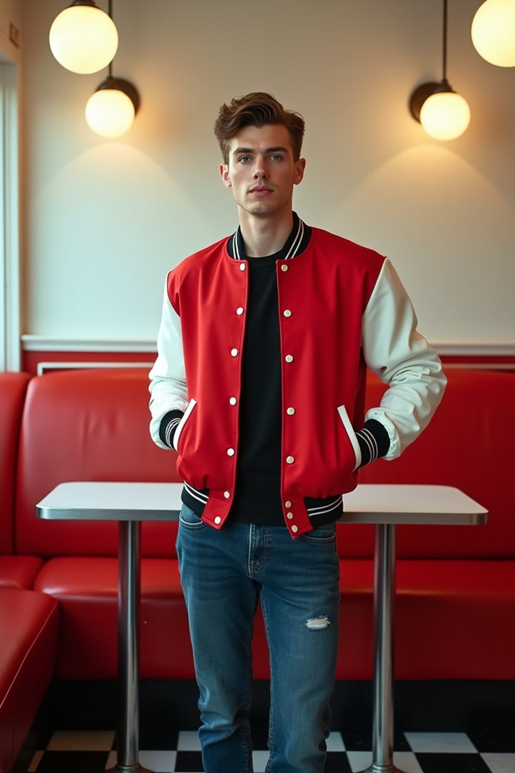 man in retro 1950s diner photo shoot. posing in front of red 1950s barstools. man wearing varsity bomber . white interior with red seats and black and white flooring.