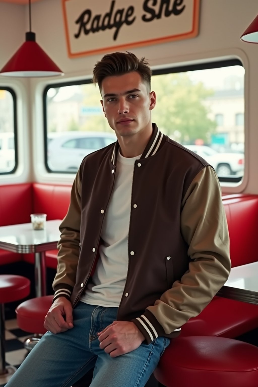 man in retro 1950s diner photo shoot. posing in front of red 1950s barstools. man wearing varsity bomber . white interior with red seats and black and white flooring.