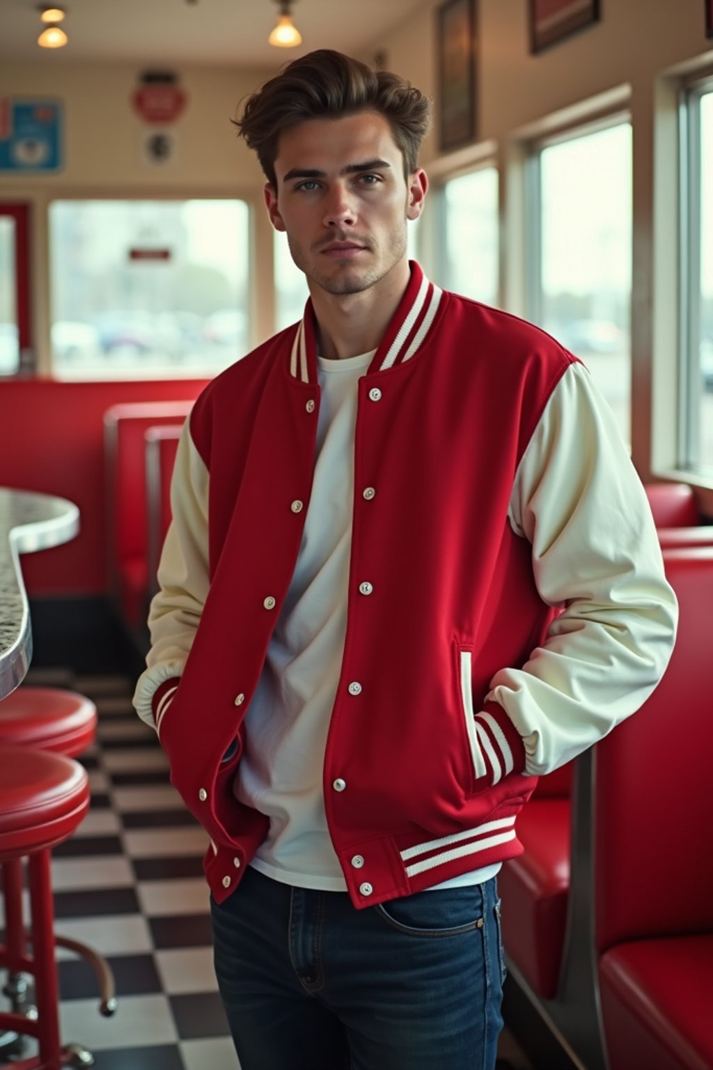 man in retro 1950s diner photo shoot. posing in front of red 1950s barstools. man wearing varsity bomber . white interior with red seats and black and white flooring.